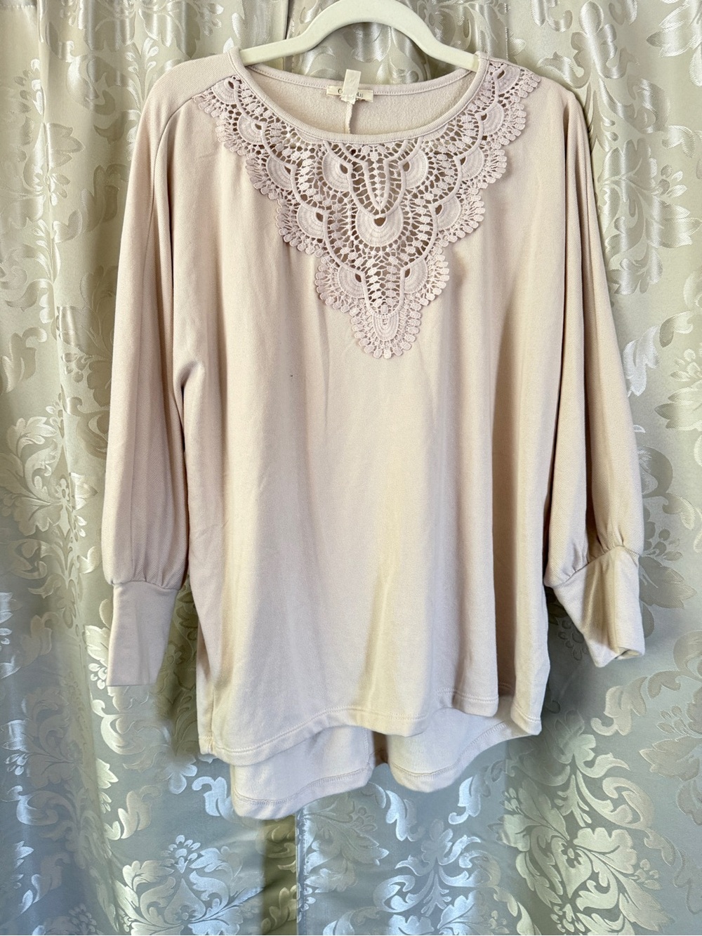 Crochet Yoke Long Sleeve Tee - Light Cream/F011